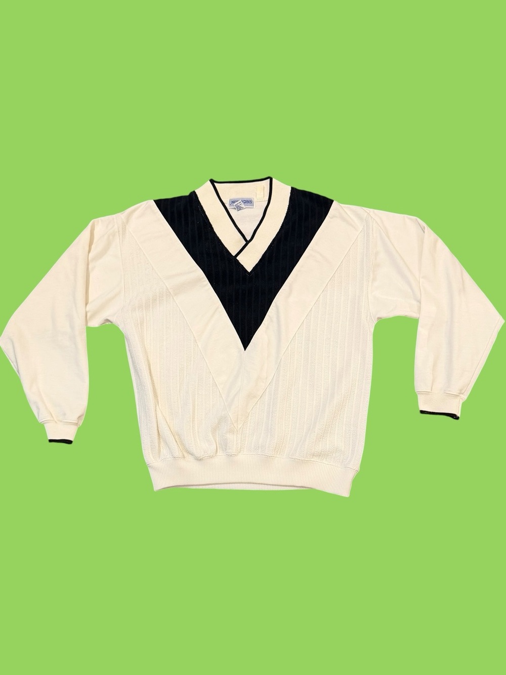 Vintage 80s V Neck Black and White Partial Knit Sweatshirt Preppy Medium